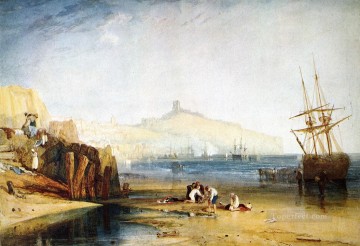 Ciudad y castillo de Scarborough Niños matutinos atrapando cangrejos Turner romántico Pinturas al óleo